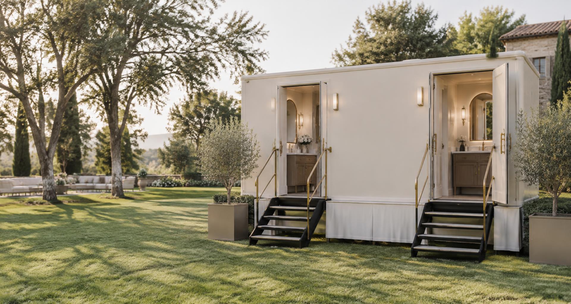Ivory luxury bathroom trailer at an outdoor event